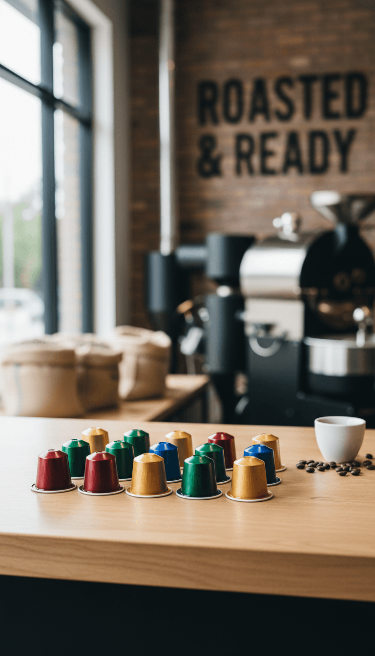 Espresso capsules lined up on a wooden counter