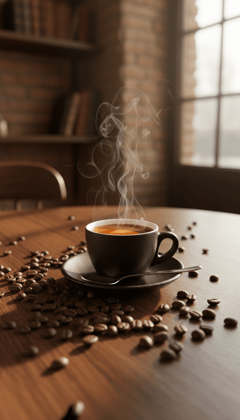 Premium coffee beans and a ceramic cup with espresso on a wooden table.