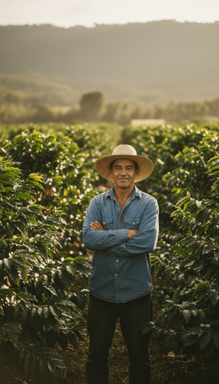 Coffee farmer standing confidently among lush coffee plants in origin plantation with warm golden hour sunlight filtering through canopy